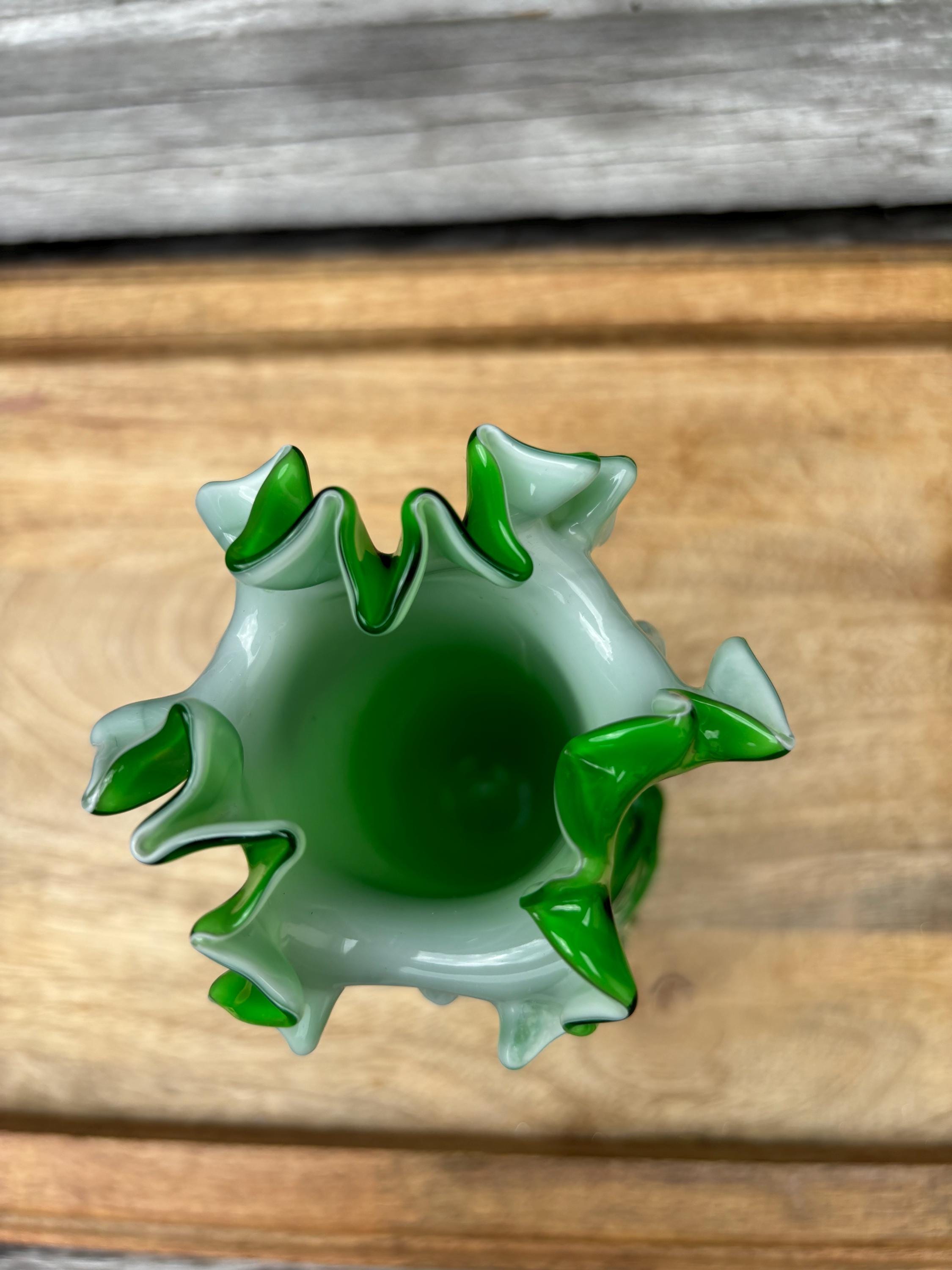 Vintage Murano Art Glass Green White Multi Color Flower