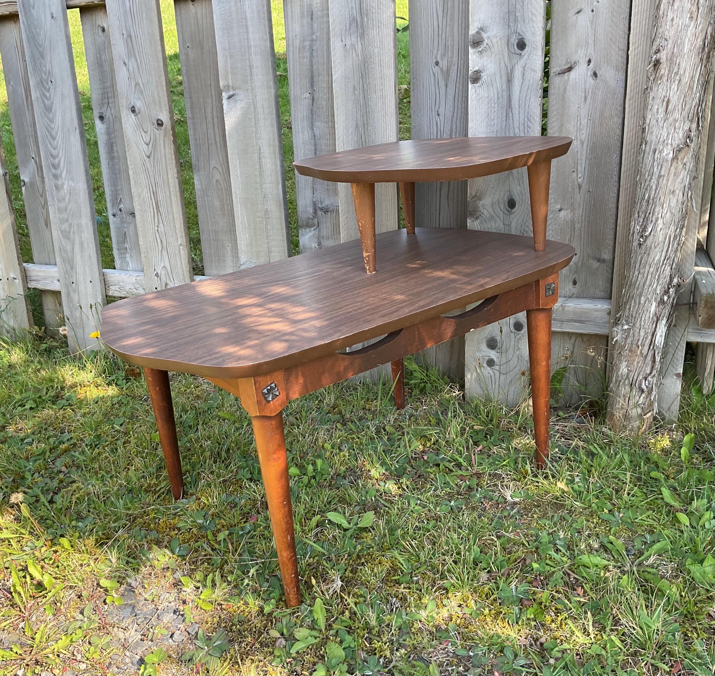 Mid Century Walnut Formica Top Step End Table / Side Table