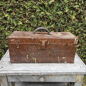 Vintage toolbox, decorative steel chest, 1970s, rusty brown toolbox.