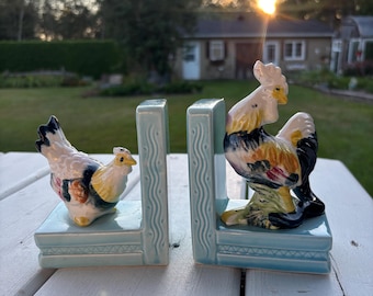 陶器製の雄鶏と雌鶏のブックエンドのペア。 - Etsy 日本