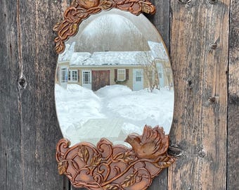 Beautiful Vintage Carved Mirror with Bird & Foliage Design and Beveled Edge, 14.5" x 8.5"