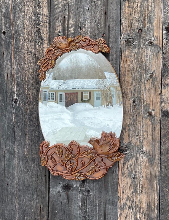 Miroir En bois Sculpté oiseau + Fleurs Exotiques