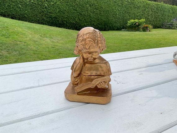 Bust of Girl in Golden Plaster - Child Sculpture Reading -statue