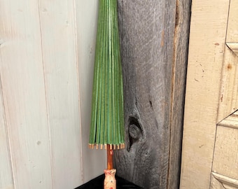 Vintage Green asian Parasol. Paper and wooden umbrella. Foldable umbrella.