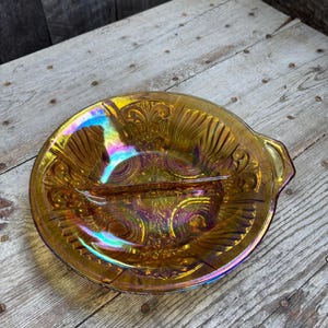 Vintage Marigold Carnival Glass Divided Relish Dish, KILLARNEY Pattern by Indiana Glass, Orange Iridescent Glass Serving / Candy Bowl, 1970s