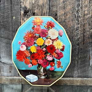 Vintage Blue Bird Confectionery Tin - Harry Vincent - Bouquet of Dahlias.