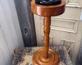 Vintage 70s Standing Ashtray, Wooden With Brown Gasse Smoked