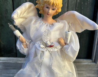 Vintage Light Up Porcelain Angel Christmas Tree Topper, 10 Inch Porcelain Angel Tree Top Decoration. Blonde hair.