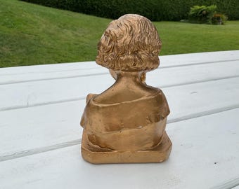 Bust of Girl in Golden Plaster - Child Sculpture Reading -statue