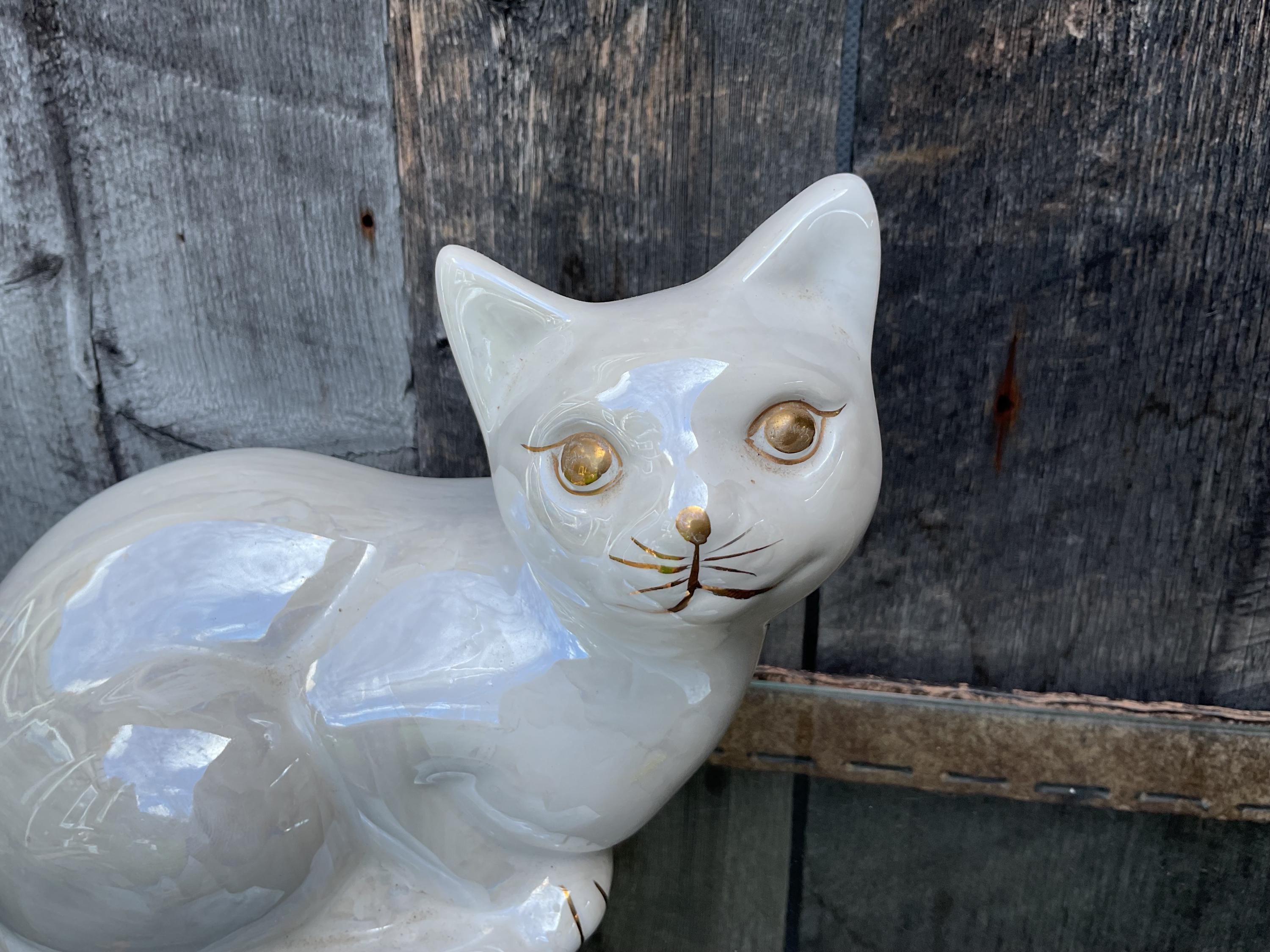 Vintage Cat Ceramic White Kitty Golden Eyes Style Pottery No