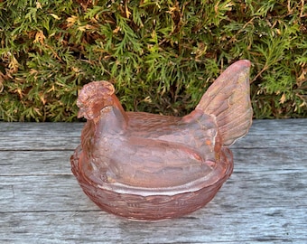 Vintage Large Pink Glass Lidded Hen on Nest.