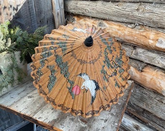 Vintage asian Parasol. Paper umbrella. Vintage Chinese Japanese interior decoration. Foldable umbrella. Hand painted. Damaged.