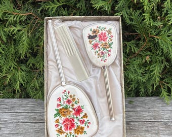 Ensemble de vanité floral vintage : déco de coiffeuse. Boîte d'origine. Endommagé.