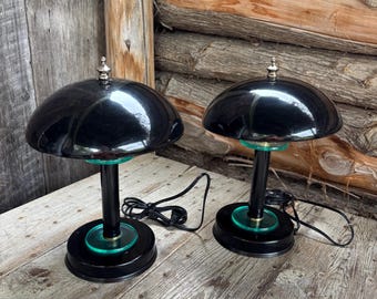 Set of 2 Vintage 90&#39;s Black Mushroom Lamps Atomic Table Lamp, UFO, Flying Saucer. Vintage touch lamp mushroom.One of them is not operational