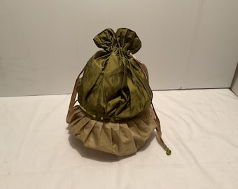 1880s Victorian/Civil War/Steampunk/Boho style handbag/reticule. Poly silk. Olive/Sage. Made in India.