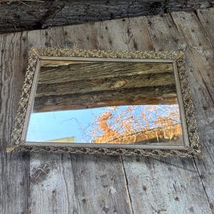 Vintage Gold Filigree Vanity Dresser Hollywood Regency Mirror Tray | Ornate Brass Rectangle Mirror.
