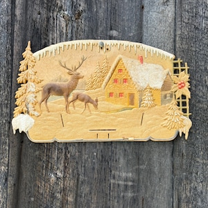 Calendario decorativo vintage de Alemania Occidental, adorno para Navidad, vacaciones, paisaje invernal, papel gofrado, cartón maché, ciervo.