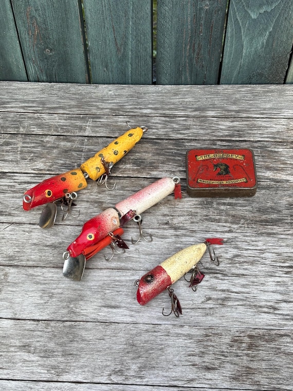 antique wisconsin fishing lures for sale Large Vintage Fishing Lures - Set of Three Wooden Lures - Nautical, Fishing,  Cottage or Lake House Decor - Distressed