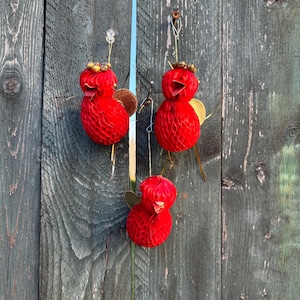 Vintage Japan Honey Comb chick Easter Ornaments, Set of 3 Vintage Paper Ornaments, Birds, Santa, Japan, Honeycomb style.