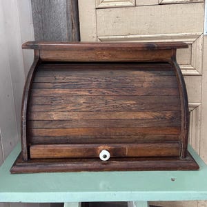 Vintage Brown Wooden Roll Top Bread Box Accordion Wood Bread Box Breadbox. Made in USA.