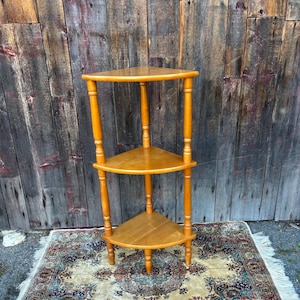 Vintage 3 Tier Floor Corner Shelf wooden corner shelf, brown wood.