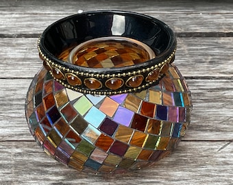 Partylite mosaic glass candle holder, Global Fusion Mosaic Glass Tile Tealight Votive Candle Holder. Brand new. In original box.