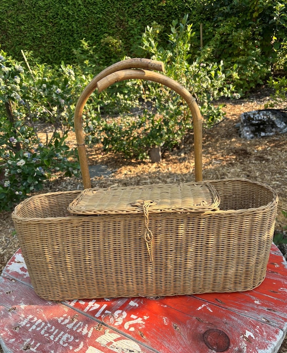 アンティーク 籐編み籠　ピクニックバスケット 昭和初期の籐編みバスケット アンティークピクニックバスケット