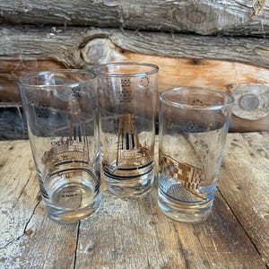 Set of 3 Vintage Expo 67 Drinking Glass Set | 1967 Montreal World&#39;s Fair Expo | Collectible Tumbler Water Glasses Bar Cart Barware Display.