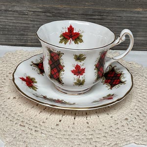 Beautiful Maple Leaf Tartan fine bone china cup and saucer, Royal Adderley, Ridgeway Potteries, England.