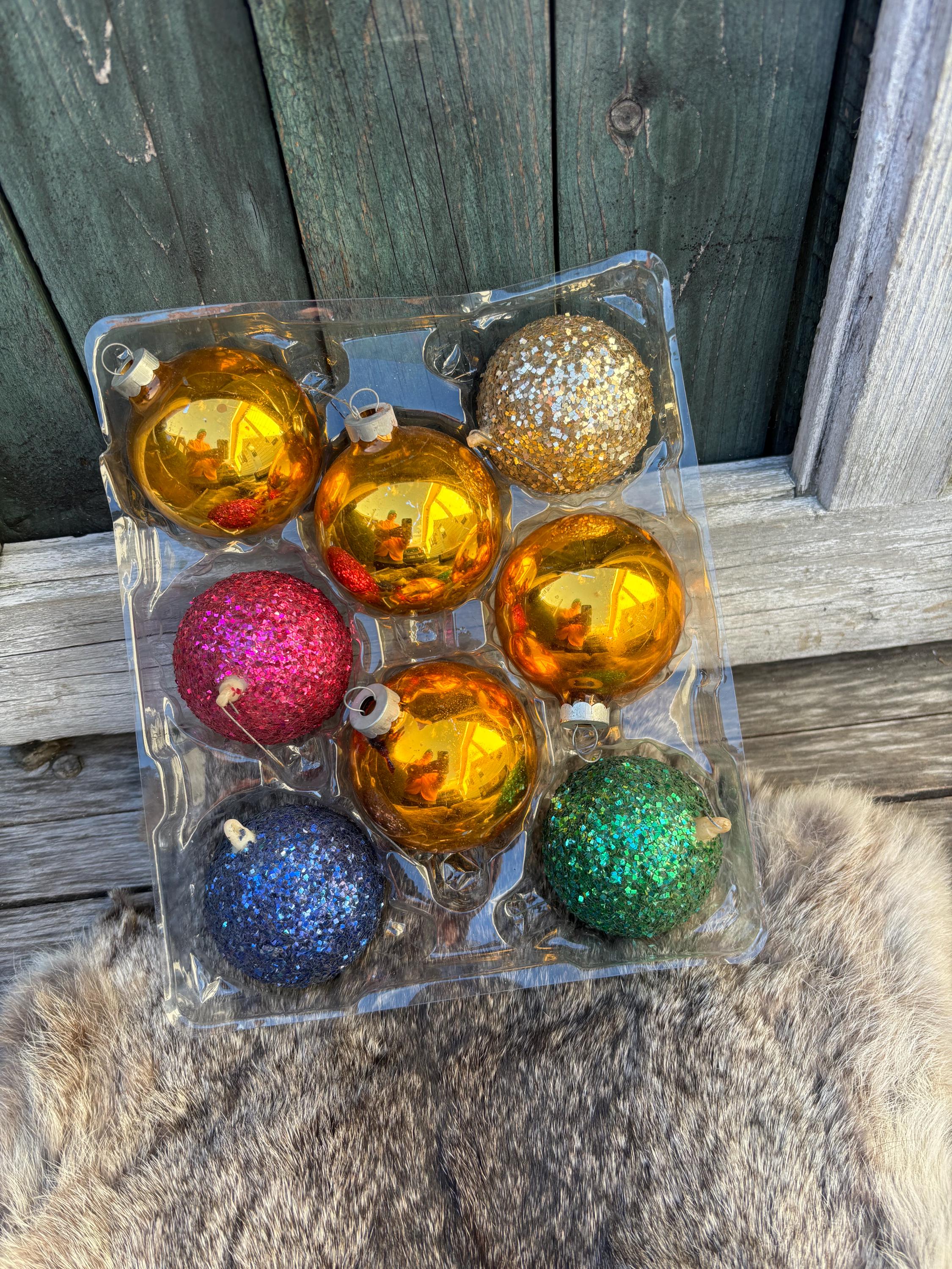 Eight Glass USA Made Krebs Christmas Tree Ornaments in Box. Some