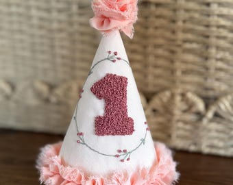 Hand Embroidered Fabric Party Hat: Vintage Style Birthday Decor
