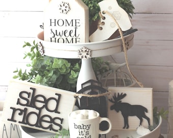 Winter Tiered Tray Set - Mix and Match Items - Garland Gnomes Signs - Mini Signs 3D Signs - Coffee Bar Decor - Wood Signs - Rae Dunn Decor