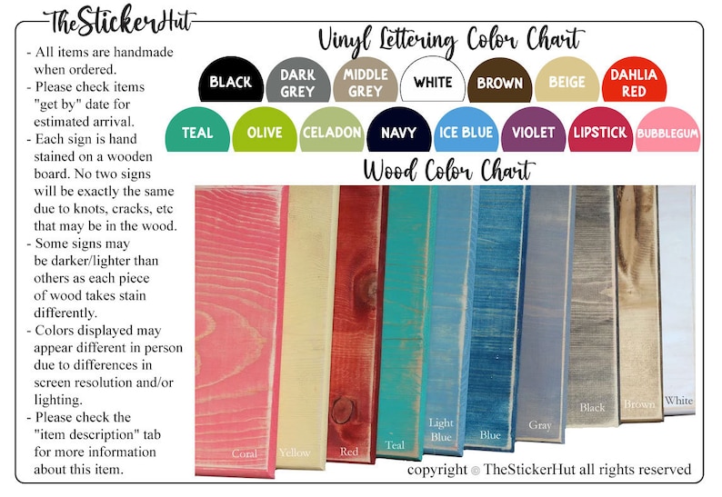 May include: Color charts for vinyl lettering and wood stains. The vinyl chart shows colors like black, white, and navy. The wood chart displays stained wood samples in shades of red, blue, and gray. Text on the image says "The Sticker Hut".