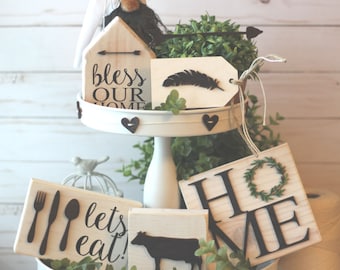 Farmhouse Signs - Tiered Tray Set - Mix and Match Items - Farm - Mini Signs 3D Signs - Cow Pig Chicken - Coffee Bar Wood Signs Rae Dunn Deco