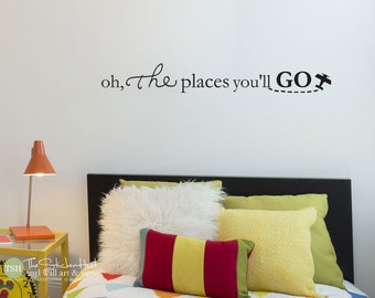 Oh the places you'll go with Plane - Nursery Toddler Room Decor - Vinyl Wall Art Words Decals Graphics Stickers Decals 1824