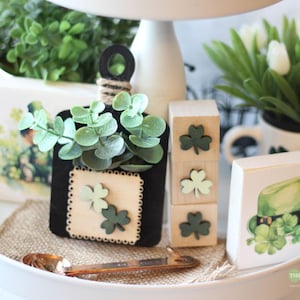 May include: A tiered tray decorated for St. Patrick's Day with a green shamrock hat, green shamrock blocks, a black cutting board with a green shamrock design, and a green plant.