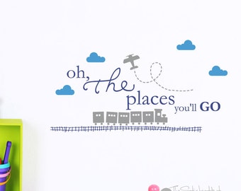 Oh The Places You'll Go with Train and Track Airplane Trails Clouds Vinyl Wall Art Words Decals Graphics Stickers Decals 1943