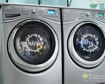 Laundry Room Decor Wash Dry Vinyl Decal Set, Washing Machines and Dryers - Farmhouse Laundry Room Decor "Wash" "Dry" with Floral Wreath 2039