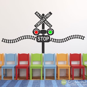 Railroad Train Crossing Lights with Train Track - Children Kids Boys Nursery or Bedroom - Vinyl Lettering Wall Art Decals Stickers 1875