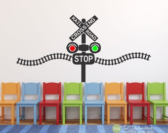 Railroad Train Crossing Lights with Train Track - Children Kids Boys Nursery or Bedroom - Vinyl Lettering Wall Art Decals Stickers 1875