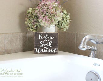 Relax Soak Unwind Bathroom Sign Mini Block - Powder Bathroom Decor - Wooden Signs - Wood Signs - Bath Sayings Quote - Small Mini Block M012