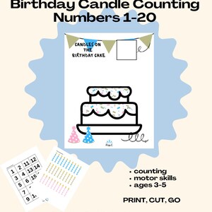 May include: A digital educational worksheet titled Birthday Candle Counting Numbers 1-20 featuring a two-tier cake illustration, a bunting banner, and a blank square. Includes a sheet of numbers and a sheet of colorful candle graphics for counting practice.