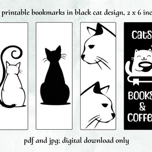 Op de afbeelding: Vier afdrukbare bladwijzers met zwarte kattenontwerpen, elk 5 x 15 cm groot. Ontwerpen omvatten een zwart katten silhouet, kattenprofielen en een kat met koffie en de woorden "Cats, Books & Coffee."