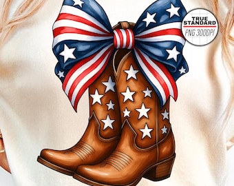 Botas de cowgirl patrióticas coquete PNG, design de camisa de faroeste com laço de bandeira americana, sublimação de 4 de julho nos EUA, clipart de garota country elegante