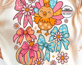 Cute Thanksgiving Turkey PNG, Fall Pumpkin with Bows PNG, Autumn Sublimation Design, Pastel Turkey Clipart, Thanksgiving PNG Download