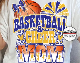 Basketball & Cheer Mom PNG Image, Mom Of Both Leopard blue and yellow Design, Basketball Mom Png, Sublimation Designs Downloads, PNG File