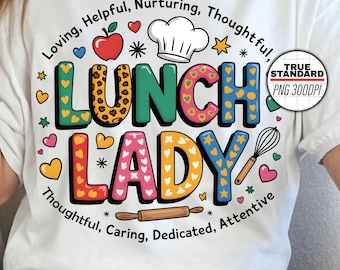 Lunch Lady PNG – Cute Colorful Sublimation Design for School Cafeteria Staff, Chef Hat, Hearts & Kitchen Tools – Digital Download File