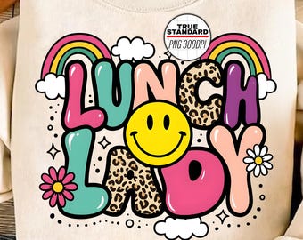 Lunch Lady PNG, Leopard Cafeteria Sublimationsdesign, süßes Regenbogen Lächeln Gesicht PNG, Back to School Küchenpersonal Clipart, Adrette Kantinen