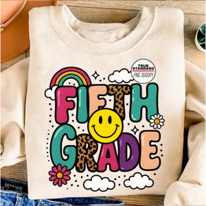 Fifth Grade PNG, 5th Grade Rainbow Smiley Face PNG, Back To School Leopard Print Sublimation, Cute Fifth Grade Girl Shirt Design