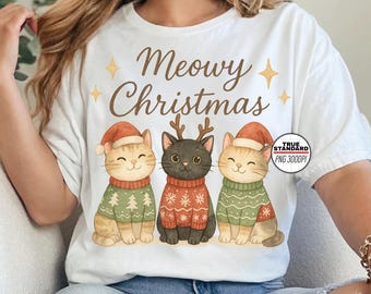 Meowy Weihnachtskatze PNG, niedliche Weihnachtskatzen Clipart, drei Katzen in Pullover PNG, Feiertagskatzensublimation, Weihnachtskatze, lustige Weihnachtskitty
